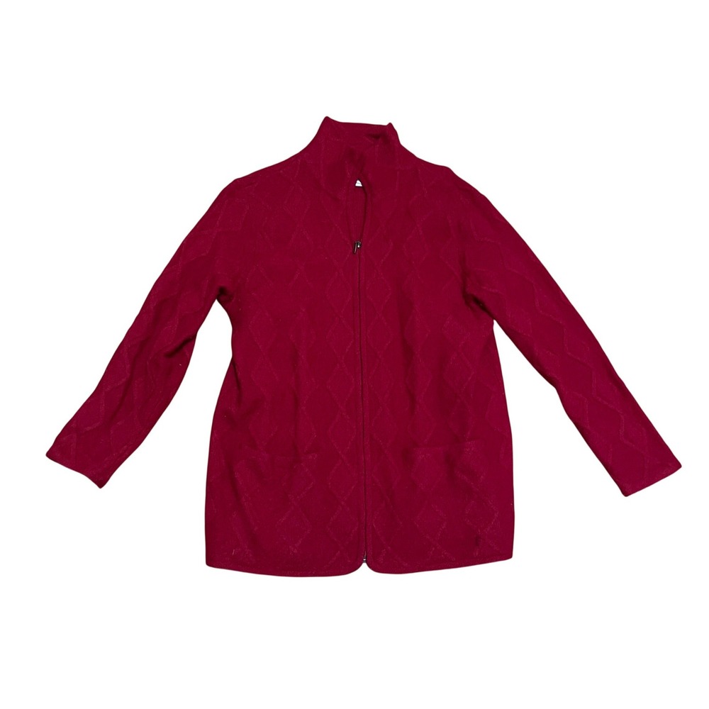 Talbots Petites Small Tomato Red Wool Zip Up Diamond Texture Mock Neck Cardigan